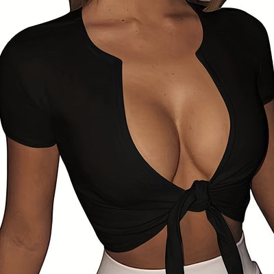 Ladies' New Casual Vacation Style Solid Color Chest Tie Fashion T-shirt null