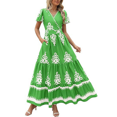 Womens Summer Casual V Neck Boho Maxi Dress Flowy Aline Bell Sleeve Tiered Floral Dresses With Pocket null