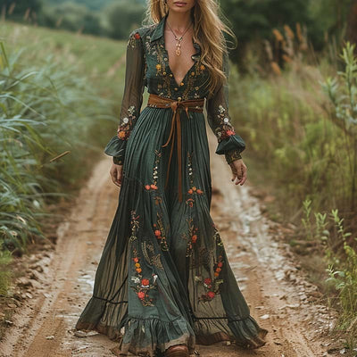 Fashion Fall Maxi Dress For Women Bohemian Retro Floral Print Sheer Sleeve Long Flowy Shirt Dress, Belt Not Included null