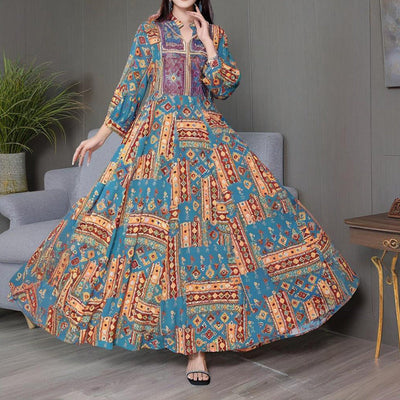 Women's Middle Eastern Style Long Sleeve Dress - Geometric Print V-Neck Embroidered Maxi Dress Boho Vacation Dress null